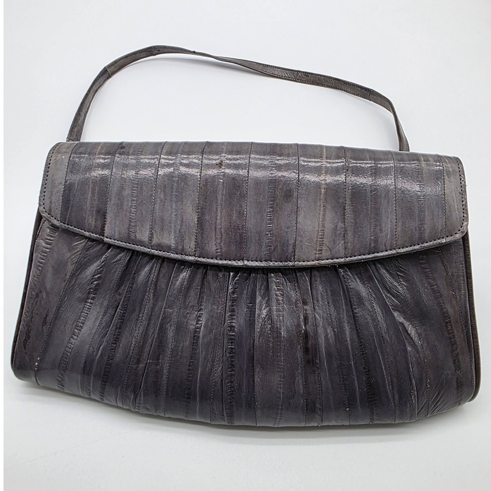 Vintage Quietly Elegant Eel Skin Handbag Womens Medium Gray Pleated Clutch Retro